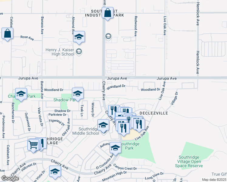 map of restaurants, bars, coffee shops, grocery stores, and more near 14515 Woodland Drive in Fontana