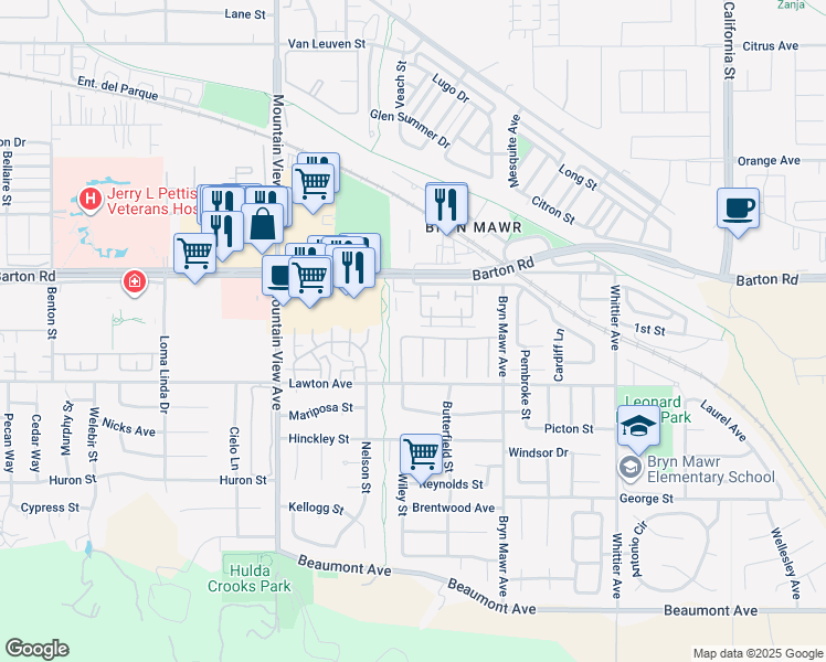 map of restaurants, bars, coffee shops, grocery stores, and more near 25940 Vía Oro in Loma Linda