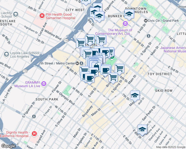 map of restaurants, bars, coffee shops, grocery stores, and more near 711 South Olive Street in Los Angeles