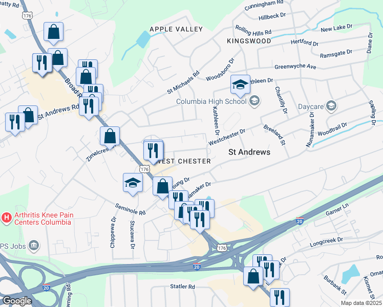 map of restaurants, bars, coffee shops, grocery stores, and more near 1511 Westchester Drive in Columbia