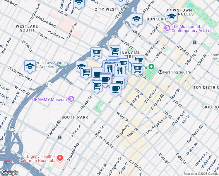 map of restaurants, bars, coffee shops, grocery stores, and more near 801 S Hope St in Los Angeles