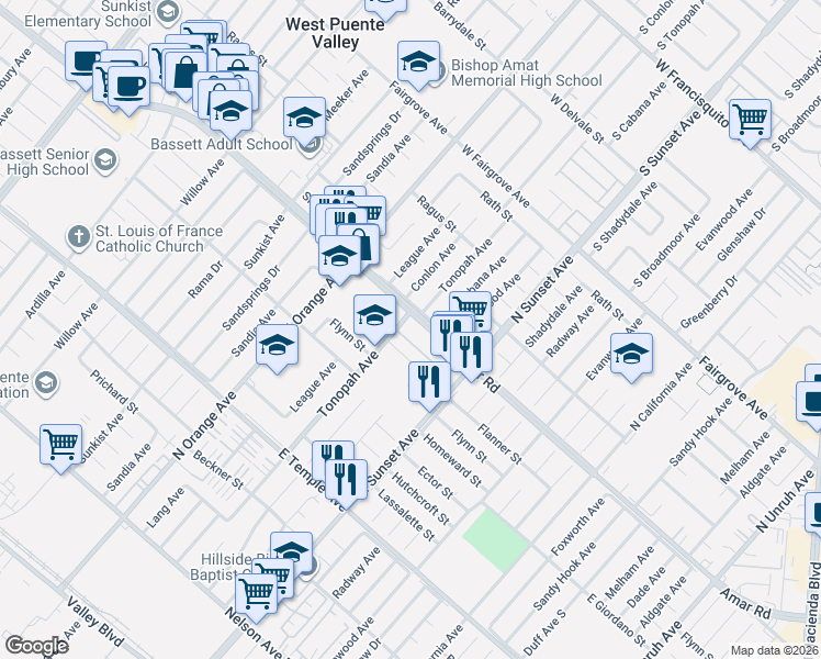 map of restaurants, bars, coffee shops, grocery stores, and more near 14428 Amar Road in La Puente