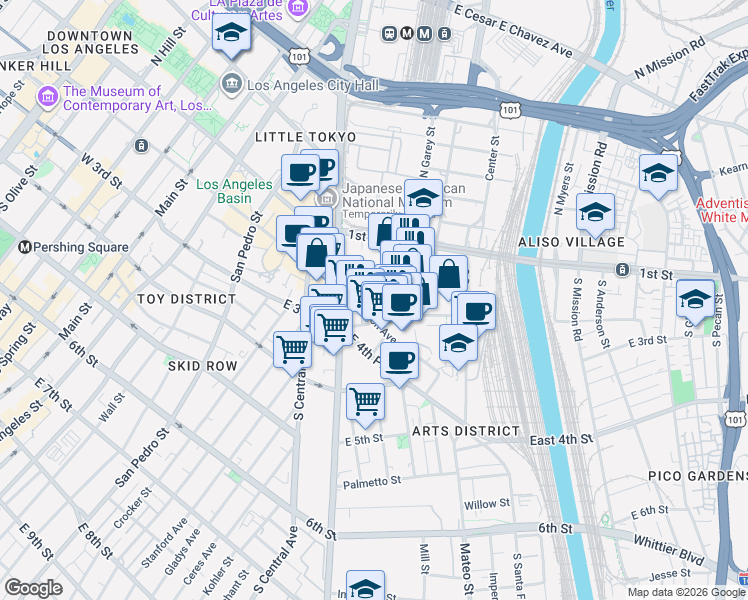 map of restaurants, bars, coffee shops, grocery stores, and more near 222 South Hewitt Street in Los Angeles