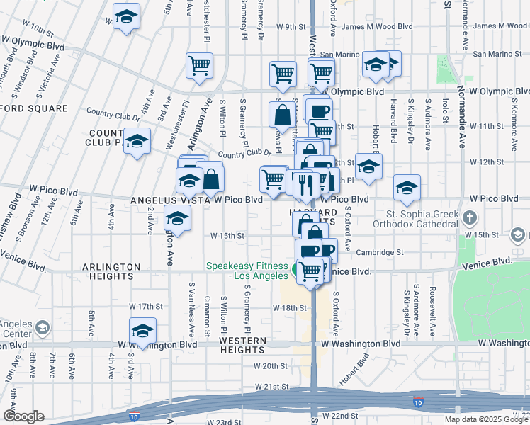map of restaurants, bars, coffee shops, grocery stores, and more near 1319 South Saint Andrews Place in Los Angeles