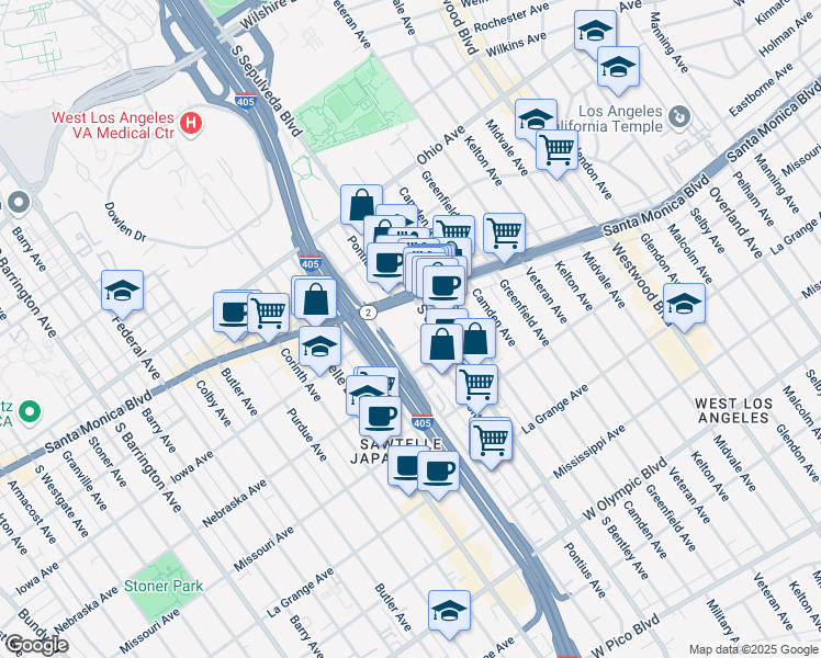 map of restaurants, bars, coffee shops, grocery stores, and more near 11100 Santa Monica Boulevard in Los Angeles