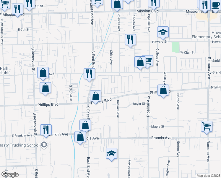 map of restaurants, bars, coffee shops, grocery stores, and more near 11427 Hickory Lane in Pomona