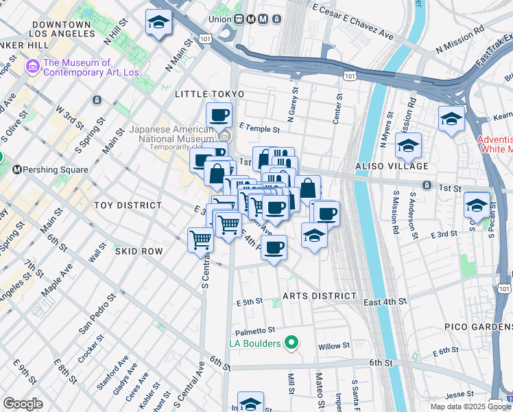 map of restaurants, bars, coffee shops, grocery stores, and more near 629 Traction Avenue in Los Angeles