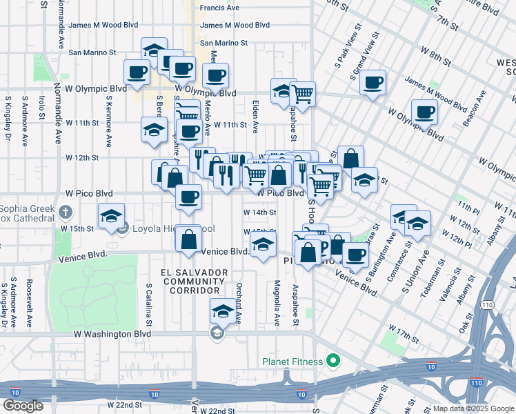 map of restaurants, bars, coffee shops, grocery stores, and more near 2233 West 14th Street in Los Angeles