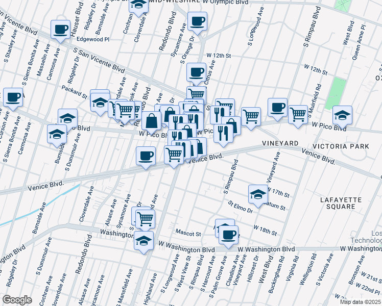map of restaurants, bars, coffee shops, grocery stores, and more near 1437 South Highland Avenue in Los Angeles