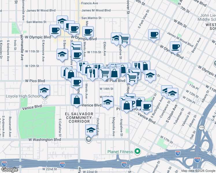 map of restaurants, bars, coffee shops, grocery stores, and more near 2223 West 14th Street in Los Angeles