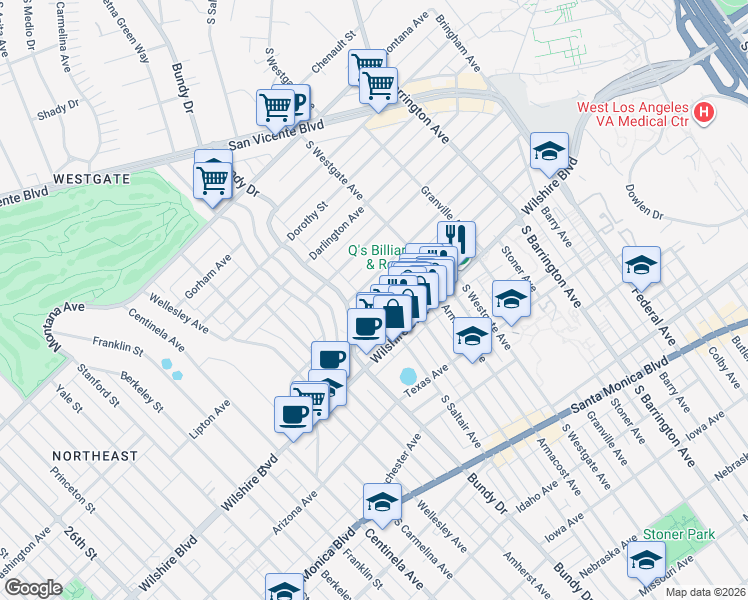 map of restaurants, bars, coffee shops, grocery stores, and more near 12017 Goshen Avenue in Los Angeles