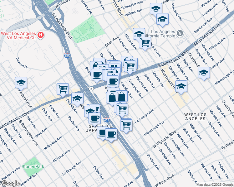 map of restaurants, bars, coffee shops, grocery stores, and more near 1751 South Bentley Avenue in Los Angeles