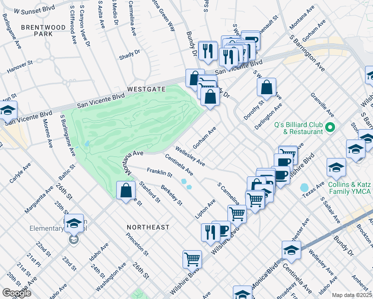 map of restaurants, bars, coffee shops, grocery stores, and more near 12340 Montana Avenue in Los Angeles