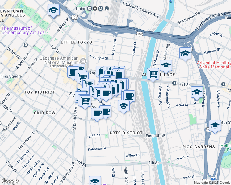 map of restaurants, bars, coffee shops, grocery stores, and more near 900 East 2nd Street in Los Angeles