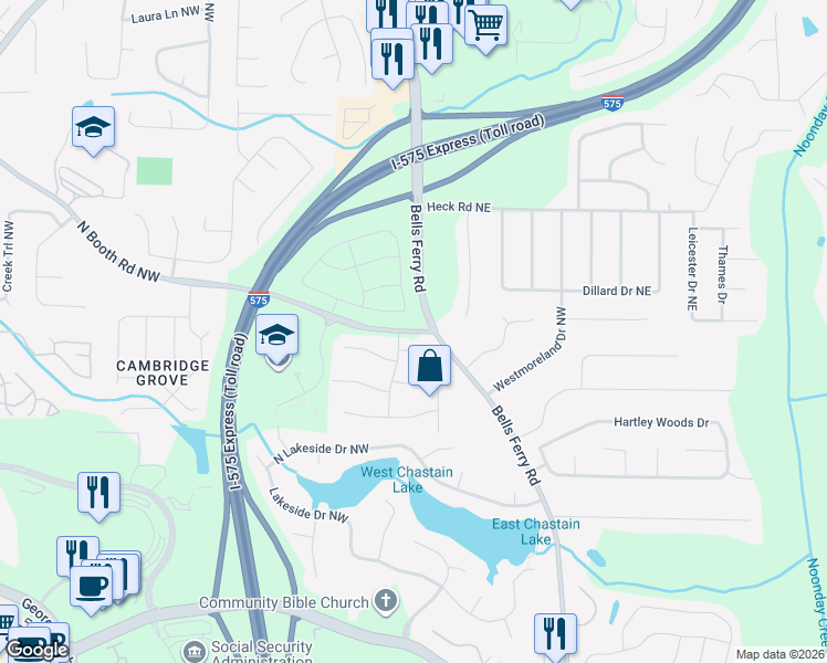 map of restaurants, bars, coffee shops, grocery stores, and more near 472 North Booth Road Northwest in Kennesaw