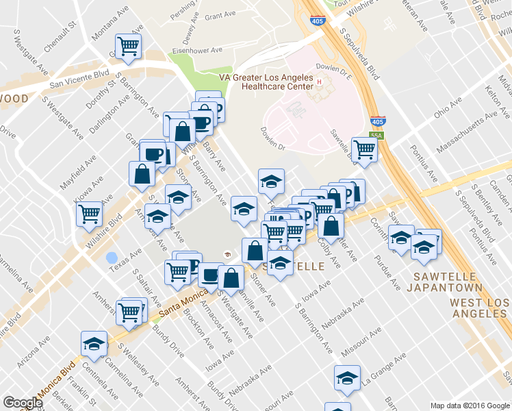 map of restaurants, bars, coffee shops, grocery stores, and more near 1412 Barry Avenue in Los Angeles