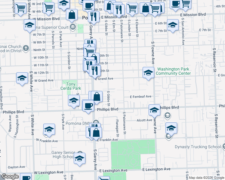 map of restaurants, bars, coffee shops, grocery stores, and more near 1378 South Gibbs Street in Pomona
