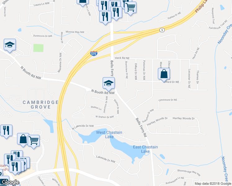 map of restaurants, bars, coffee shops, grocery stores, and more near 313 North Booth Road Northwest in Kennesaw