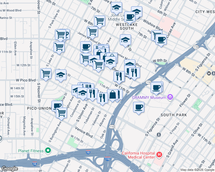 map of restaurants, bars, coffee shops, grocery stores, and more near 1502 West 11th Street in Los Angeles