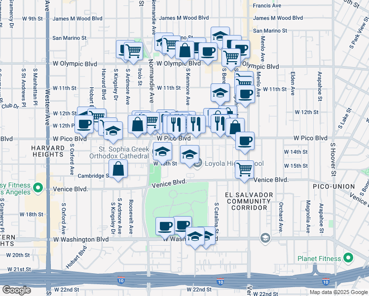 map of restaurants, bars, coffee shops, grocery stores, and more near 1321 South Kenmore Avenue in Los Angeles