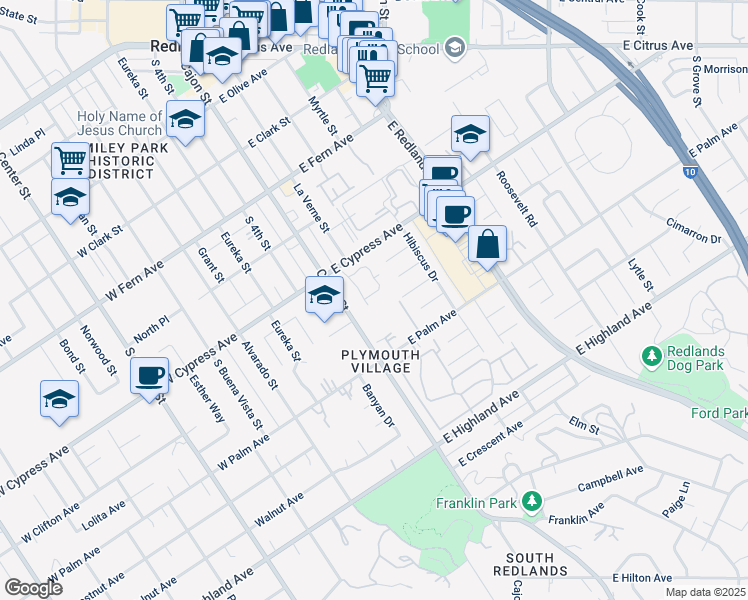 map of restaurants, bars, coffee shops, grocery stores, and more near 638 Cypress Circle in Redlands