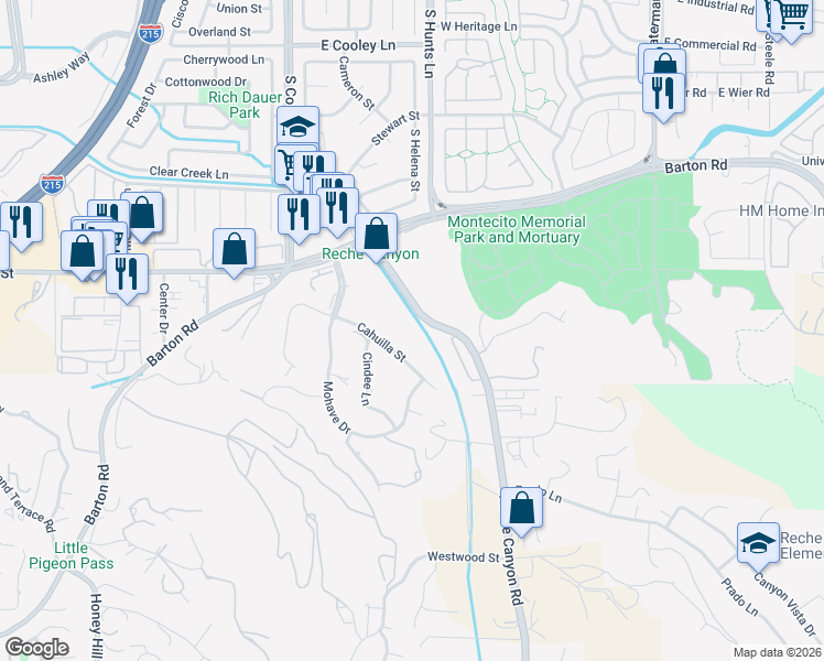 map of restaurants, bars, coffee shops, grocery stores, and more near 2255 Cahuilla Street in Colton