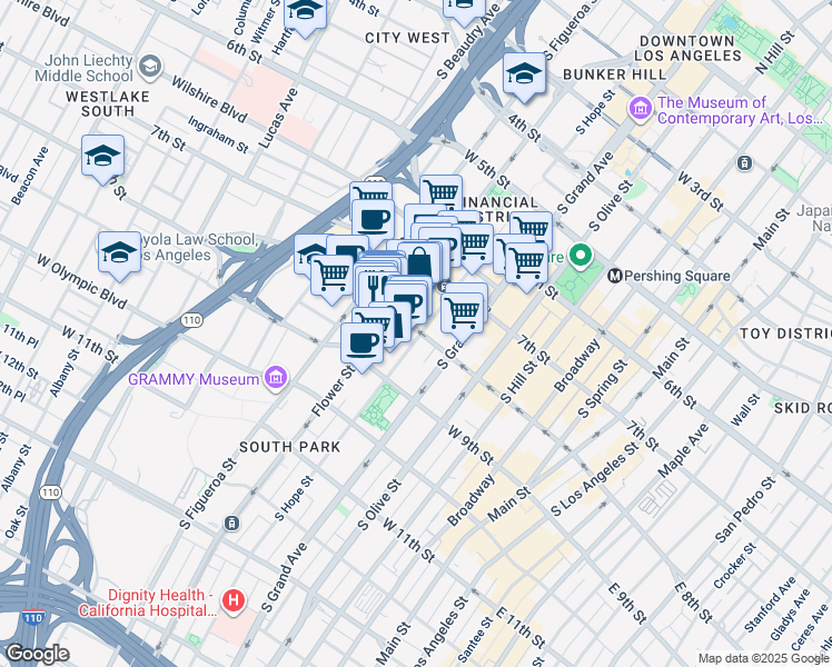 map of restaurants, bars, coffee shops, grocery stores, and more near 800 Flower Street in Los Angeles
