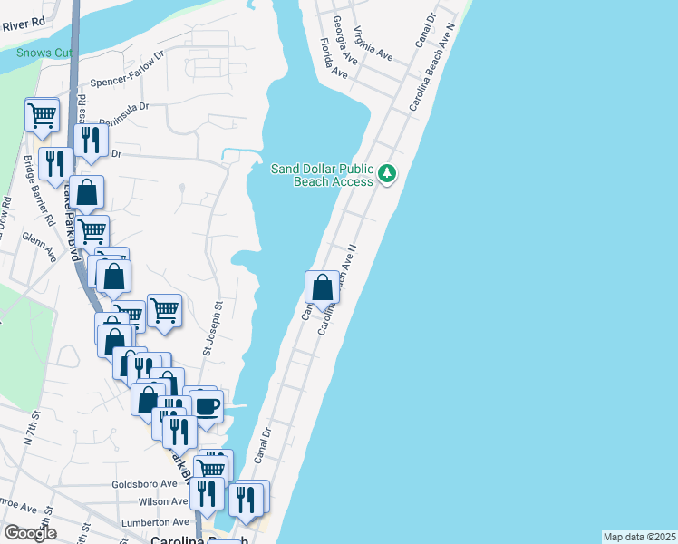 map of restaurants, bars, coffee shops, grocery stores, and more near 1010 Canal Drive in Carolina Beach