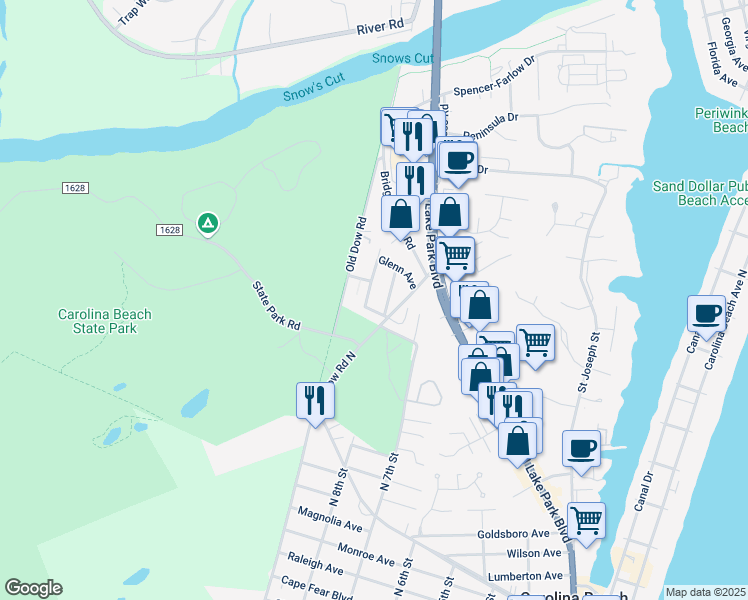 map of restaurants, bars, coffee shops, grocery stores, and more near 810 Blanche Avenue in Carolina Beach