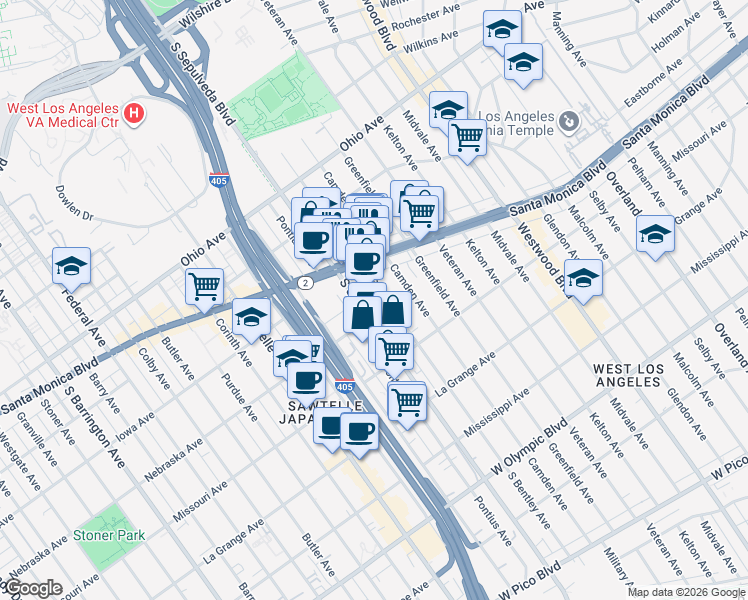 map of restaurants, bars, coffee shops, grocery stores, and more near 1727 South Bentley Avenue in Los Angeles