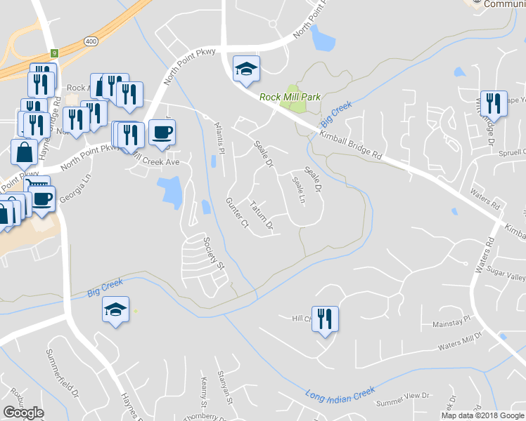map of restaurants, bars, coffee shops, grocery stores, and more near 605 Tatum Court in Alpharetta