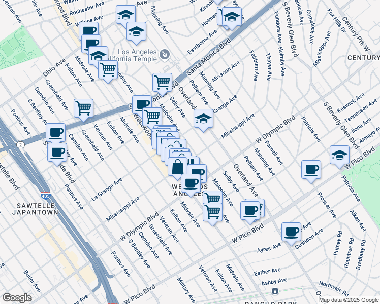 map of restaurants, bars, coffee shops, grocery stores, and more near 2041 Selby Avenue in Los Angeles