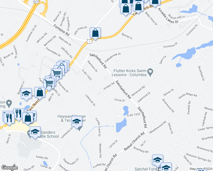 map of restaurants, bars, coffee shops, grocery stores, and more near 5216 Jordan Road in Columbia