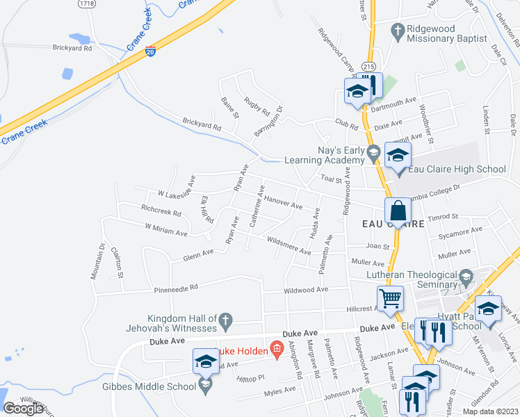 map of restaurants, bars, coffee shops, grocery stores, and more near 4510 Catherine Avenue in Columbia