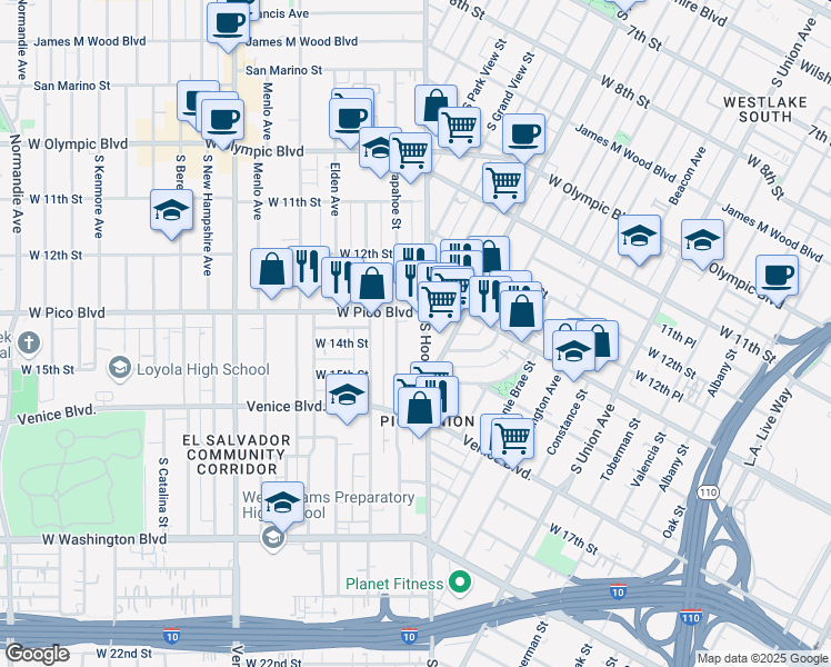 map of restaurants, bars, coffee shops, grocery stores, and more near 1321 South Hoover Street in Los Angeles