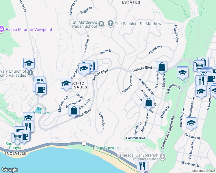 map of restaurants, bars, coffee shops, grocery stores, and more near 627 North Marquette Street in Los Angeles