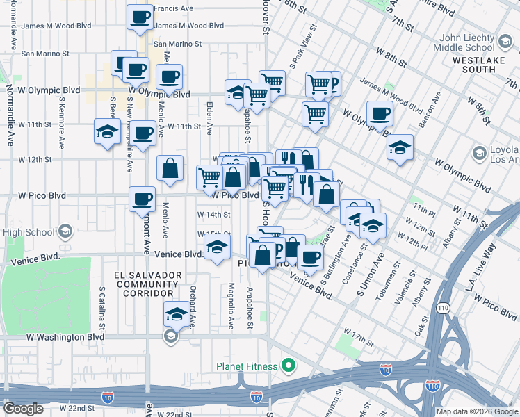 map of restaurants, bars, coffee shops, grocery stores, and more near 1321 South Hoover Street in Los Angeles