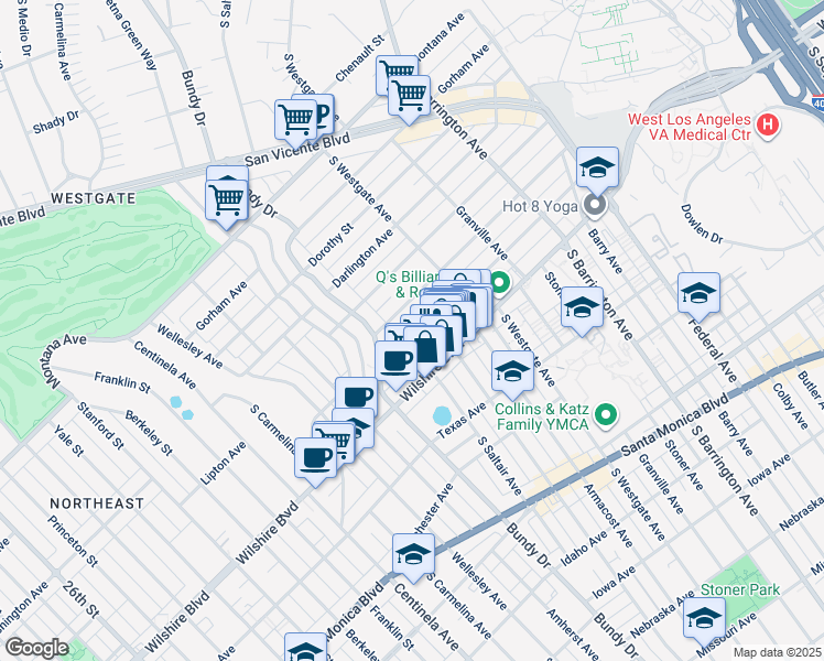 map of restaurants, bars, coffee shops, grocery stores, and more near 12011 Goshen Avenue in Los Angeles