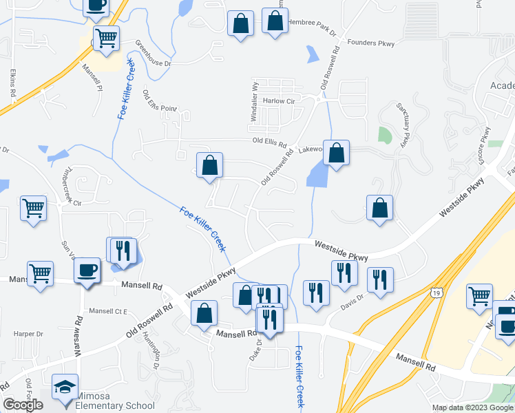 map of restaurants, bars, coffee shops, grocery stores, and more near 1100 Rappahannock Drive in Alpharetta