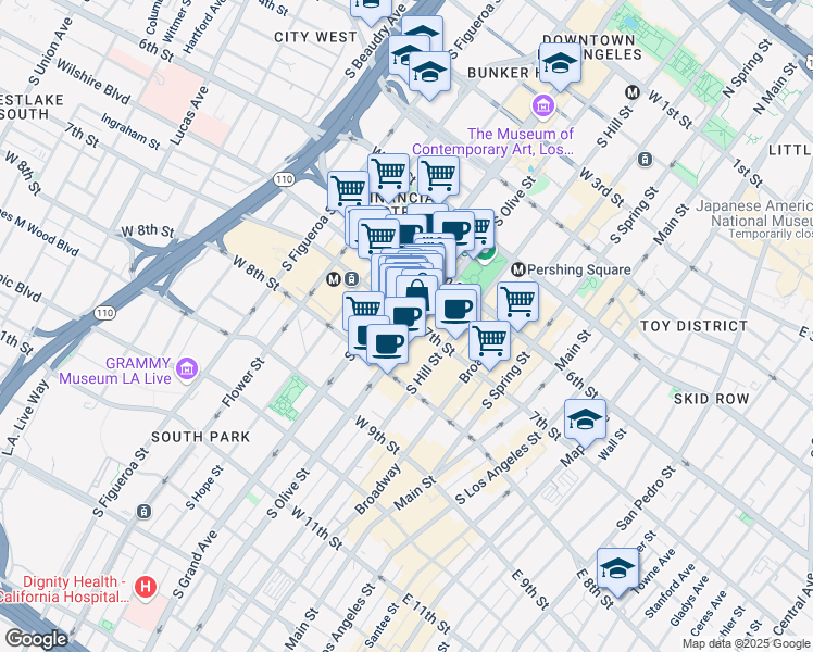 map of restaurants, bars, coffee shops, grocery stores, and more near 659 South Olive Street in Los Angeles