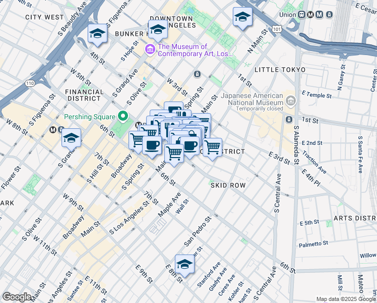 map of restaurants, bars, coffee shops, grocery stores, and more near 439 South Los Angeles Street in Los Angeles