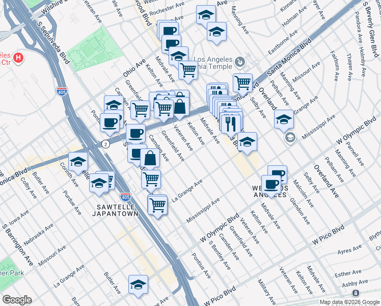 map of restaurants, bars, coffee shops, grocery stores, and more near 1885 Veteran Avenue in Los Angeles