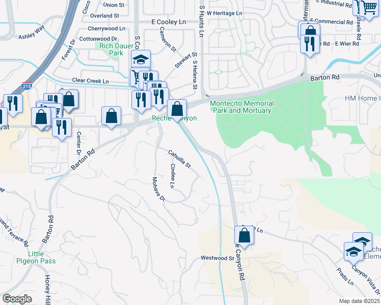 map of restaurants, bars, coffee shops, grocery stores, and more near Reche Canyon Road in Colton