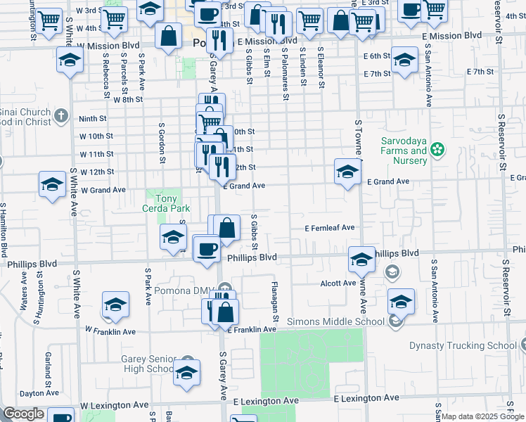 map of restaurants, bars, coffee shops, grocery stores, and more near 1340 South Gibbs Street in Pomona
