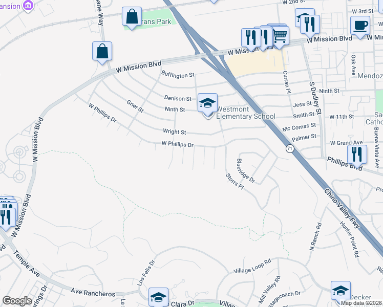 map of restaurants, bars, coffee shops, grocery stores, and more near 1108 Overden Place in Pomona