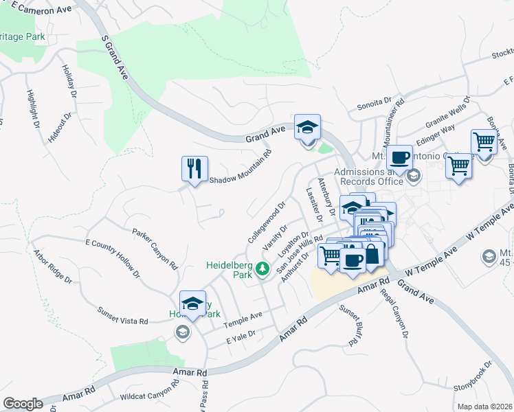 map of restaurants, bars, coffee shops, grocery stores, and more near 20550 Camelback Drive in Walnut