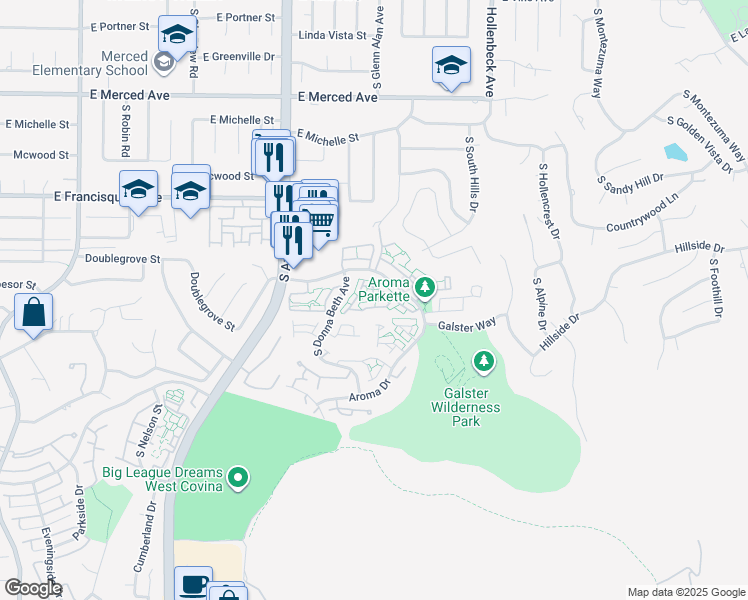 map of restaurants, bars, coffee shops, grocery stores, and more near 1510 Elkwood Street in West Covina