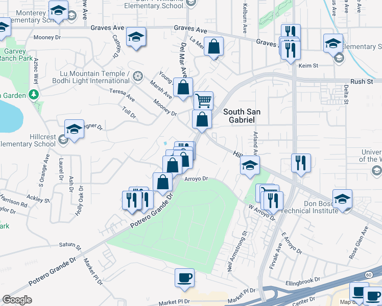 map of restaurants, bars, coffee shops, grocery stores, and more near 1433 Potrero Grande Drive in Rosemead