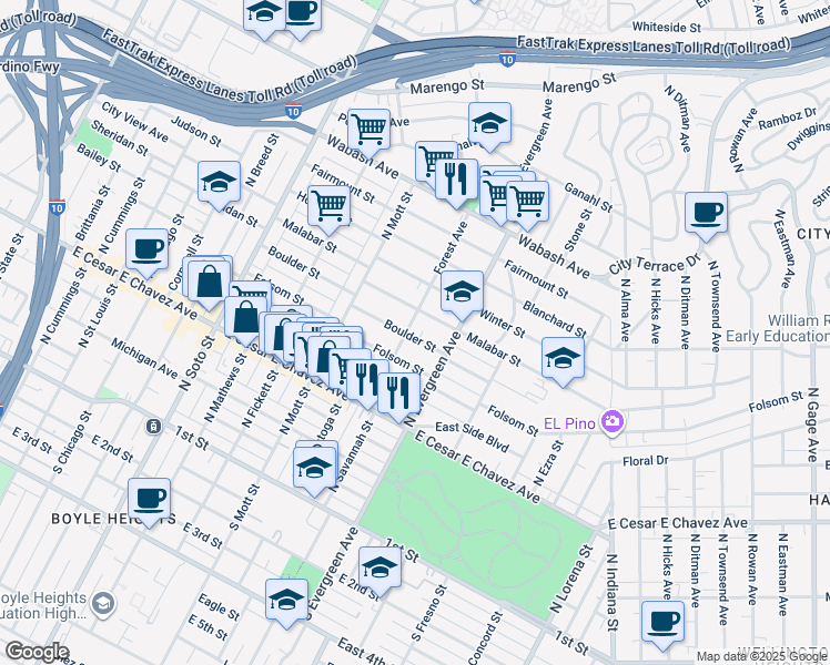 map of restaurants, bars, coffee shops, grocery stores, and more near 614 Forest Avenue in Los Angeles
