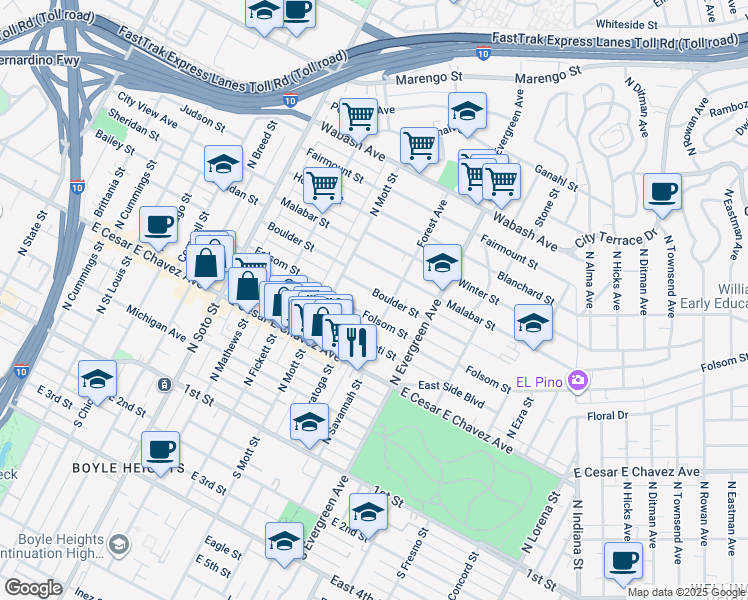 map of restaurants, bars, coffee shops, grocery stores, and more near 2732 Boulder Street in Los Angeles